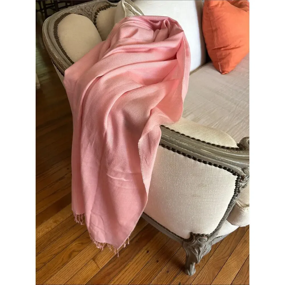 Soft Pink Fringe Scarf in Elongated Rectangle Shape, Lightweight Wool Feel
